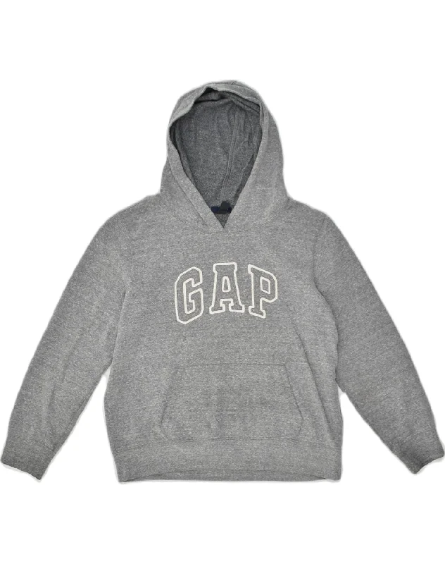 GAP Womens Graphic Hoodie Jumper UK 16 Large Grey Cotton Hoodie with Hem Embroidery Detailed Premium