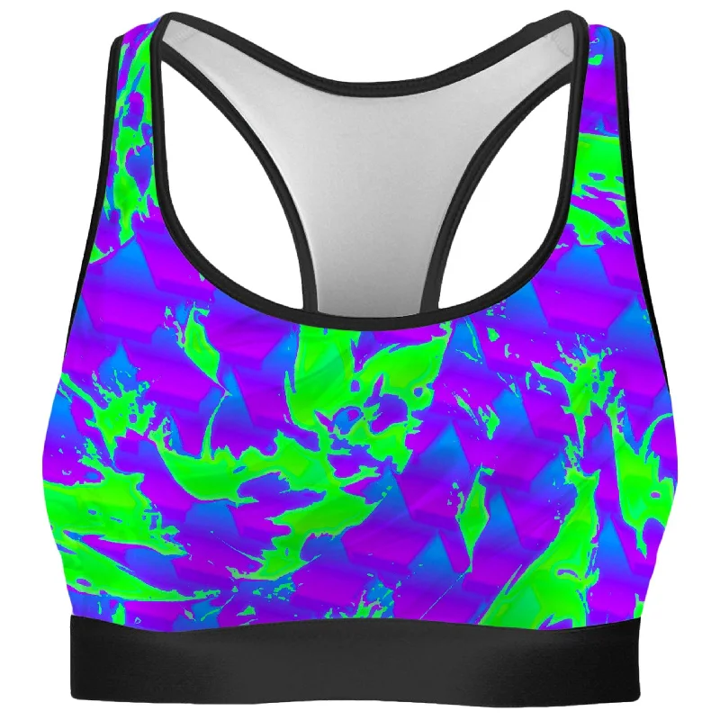 Green and Purple Hypno Splatter Rave Bra High Support Sports Bra