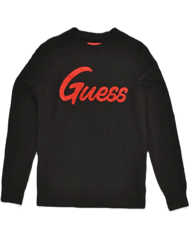 GUESS Womens Graphic Sweatshirt Jumper UK 12 Medium Black Cotton Hoodie with Drop Shoulder Relaxed Streetwear