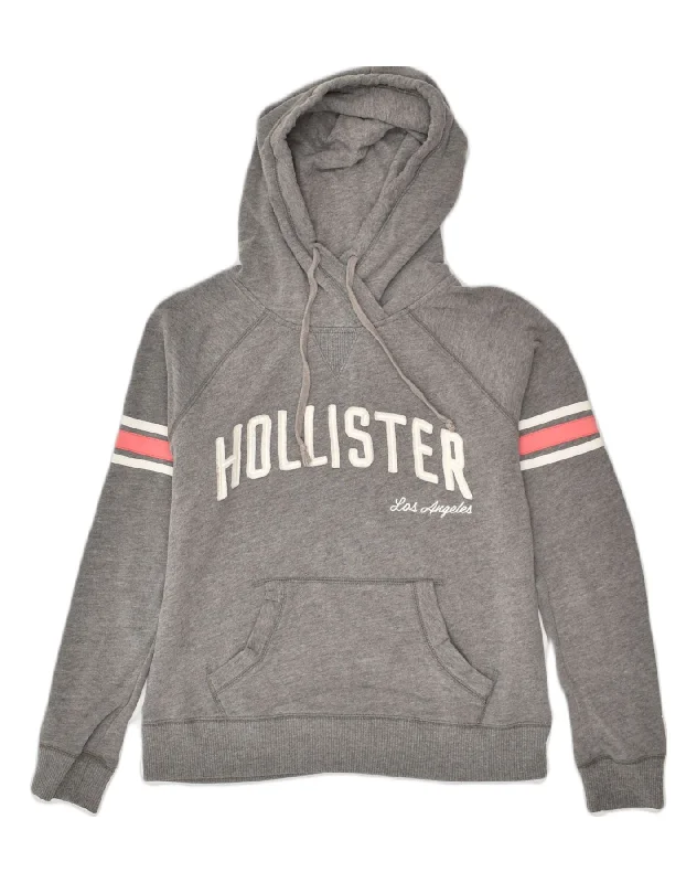 HOLLISTER Womens Graphic Hoodie Jumper UK 10 Small Grey Cotton Hoodie with Hem Drawcord Adjustable Customizable