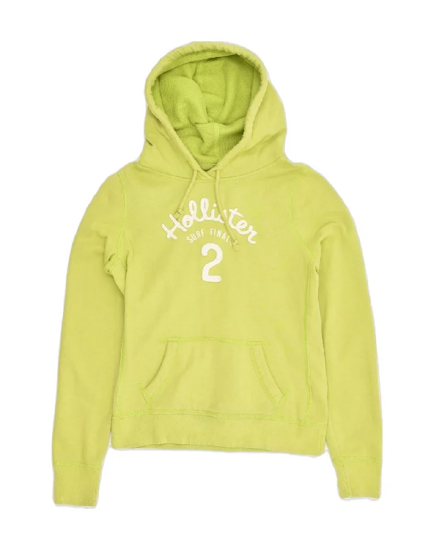 HOLLISTER Womens Graphic Hoodie Jumper UK 12 Medium Green Cotton Hoodie with Set-In Sleeves Structured Classic