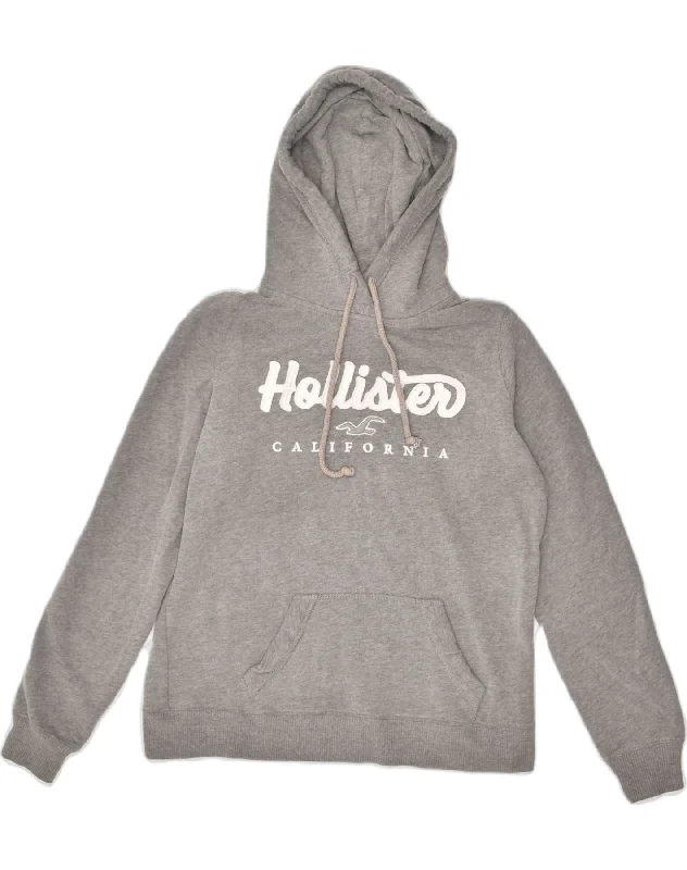 HOLLISTER Womens Graphic Hoodie Jumper UK 14 Medium Grey Cotton Cotton Hoodie Fleece Lining Warmth