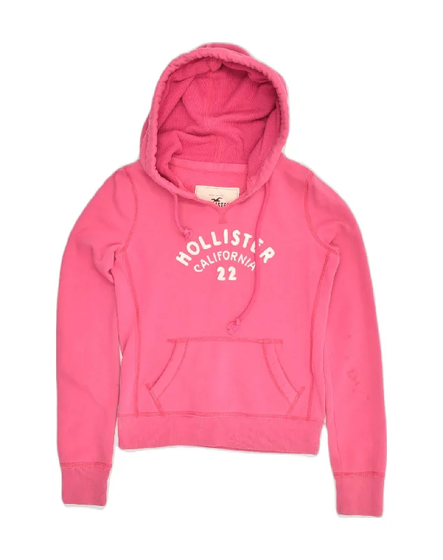 HOLLISTER Womens Graphic Hoodie Jumper UK 6 XS Pink Cotton Hoodie with Raglan Sleeves Sporty Comfortable