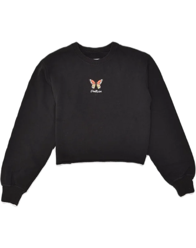 HOLLISTER Womens Sweatshirt Jumper UK 6 XS Black Cotton Hoodie with Embroidery Detailed Premium