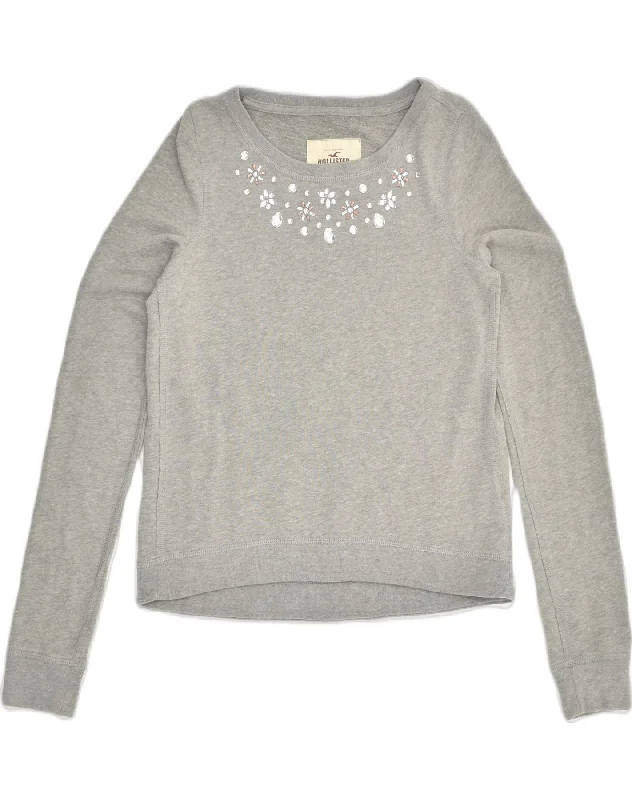 HOLLISTER Womens Sweatshirt Jumper UK 6 XS Grey Cotton Hoodie with Hem Elastic Stretchable Comfortable