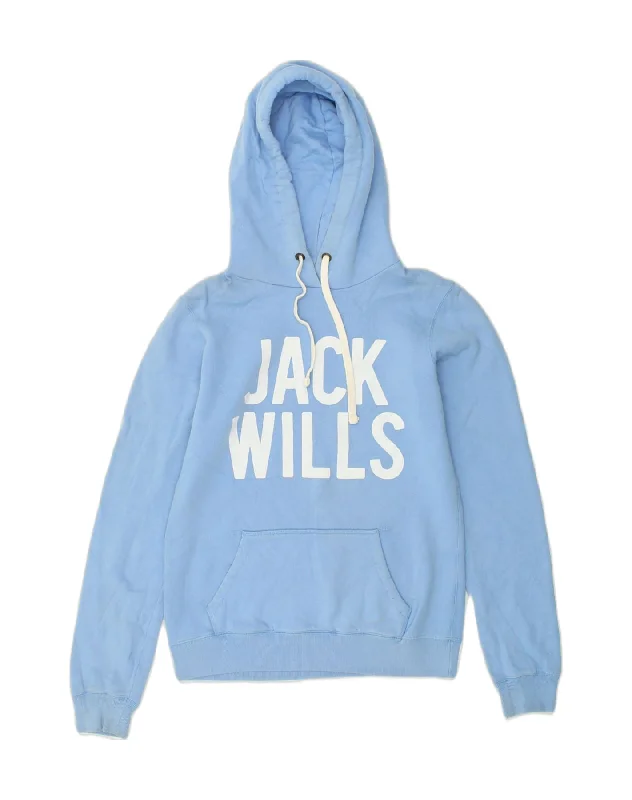 JACK WILLS Womens Graphic Hoodie Jumper UK 10 Small Blue Cotton Hoodie with Metallic Shiny Futuristic