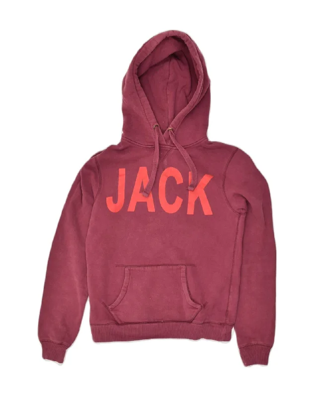 JACK WILLS Womens Graphic Hoodie Jumper UK 10 Small Burgundy Cotton Hoodie with Monochrome Minimalist Simple