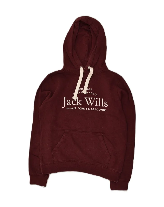 JACK WILLS Womens Graphic Hoodie Jumper UK 10 Small Burgundy Cotton Hoodie with Toggle Buttons Decorative Unique