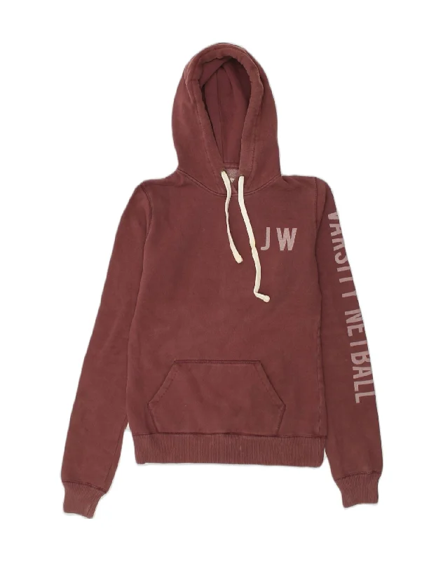 JACK WILLS Womens Graphic Hoodie Jumper UK 10 Small Burgundy Cotton Hoodie Sweatshirt Pullover