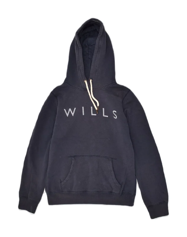 JACK WILLS Womens Graphic Hoodie Jumper UK 10 Small  Navy Blue Cotton Hoodie with Ribbed Cuffs Snug Fit Comfort