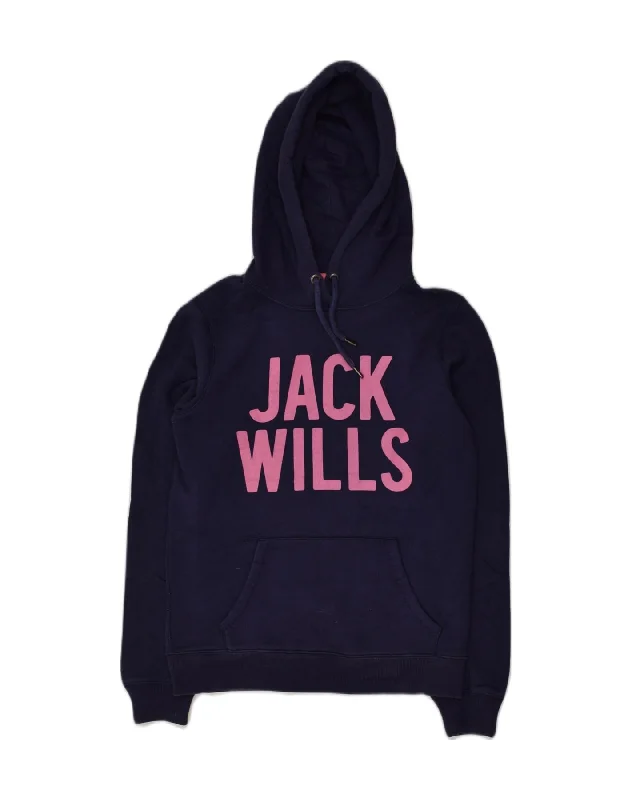 JACK WILLS Womens Graphic Hoodie Jumper UK 10 Small Navy Blue Cotton Hoodie with Elastic Waist Stretchable Comfortable