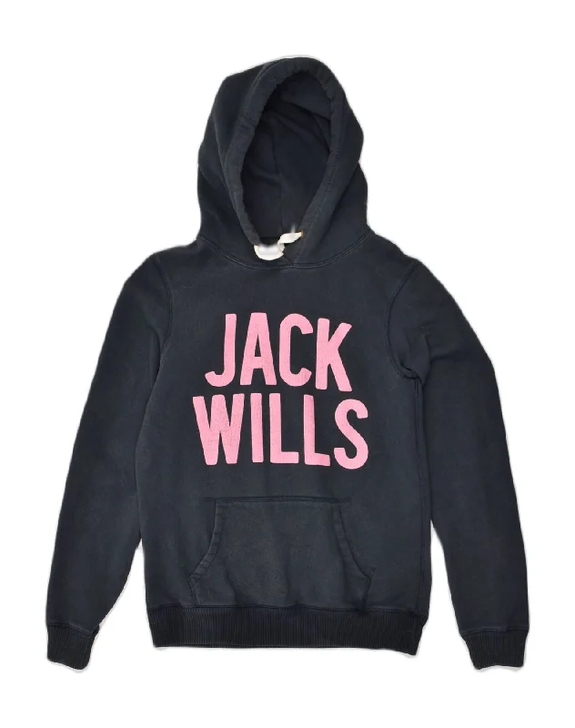 JACK WILLS Womens Graphic Hoodie Jumper UK 10 Small  Navy Blue Cotton Hoodie with Contrast Stitching Detailed Premium