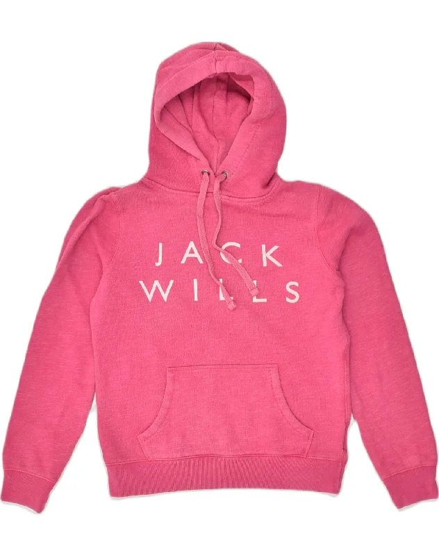 JACK WILLS Womens Graphic Hoodie Jumper UK 10 Small  Pink Cotton Hoodie with Monochrome Minimalist Simple