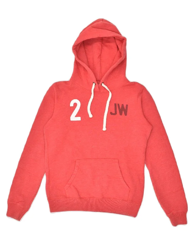 JACK WILLS Womens Graphic Hoodie Jumper UK 10 Small Red Cotton Hoodie with Hem Contrast Bold Stylish