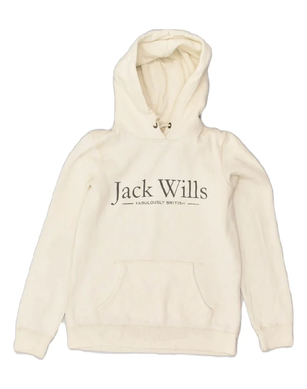 JACK WILLS Womens Graphic Hoodie Jumper UK 10 Small White Cotton Hooded Sweatshirt Casual Wear Street Style