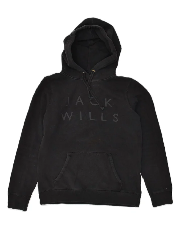 JACK WILLS Womens Graphic Hoodie Jumper UK 12 Medium  Black Cotton Hoodie with Hidden Zipper Minimalist Clean