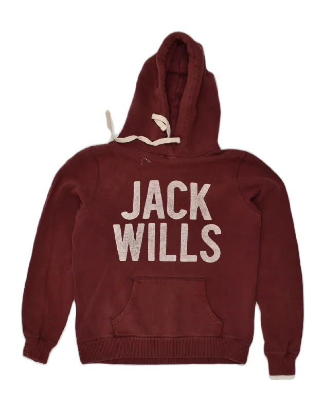 JACK WILLS Womens Graphic Hoodie Jumper UK 12 Medium Burgundy Cotton Hoodie with Hem Raw Edge Edgy Unfinished