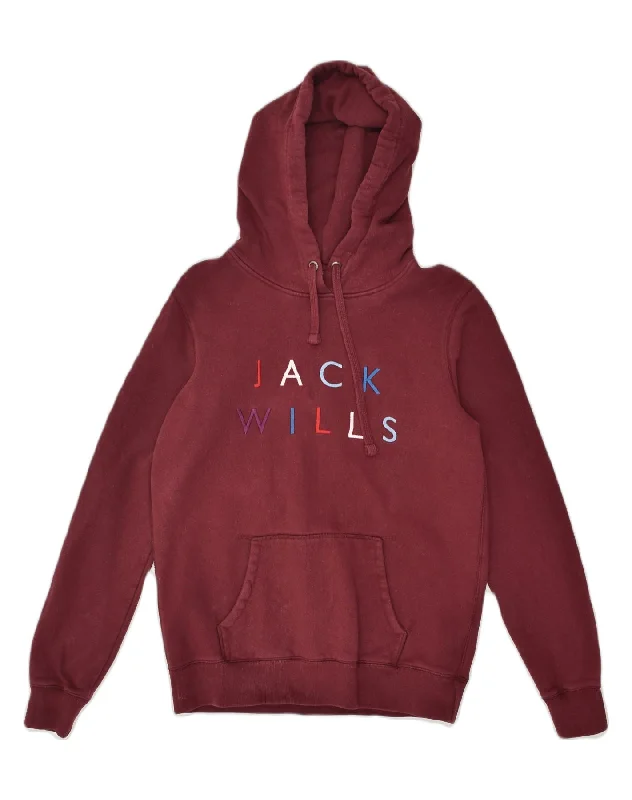 JACK WILLS Womens Graphic Hoodie Jumper UK 12 Medium  Burgundy Cotton Hoodie with Mesh Breathable Sporty