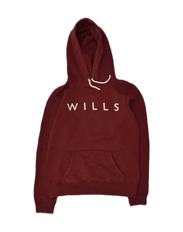 JACK WILLS Womens Graphic Hoodie Jumper UK 12 Medium Burgundy Cotton Hoodie with Button Placket Classic Preppy