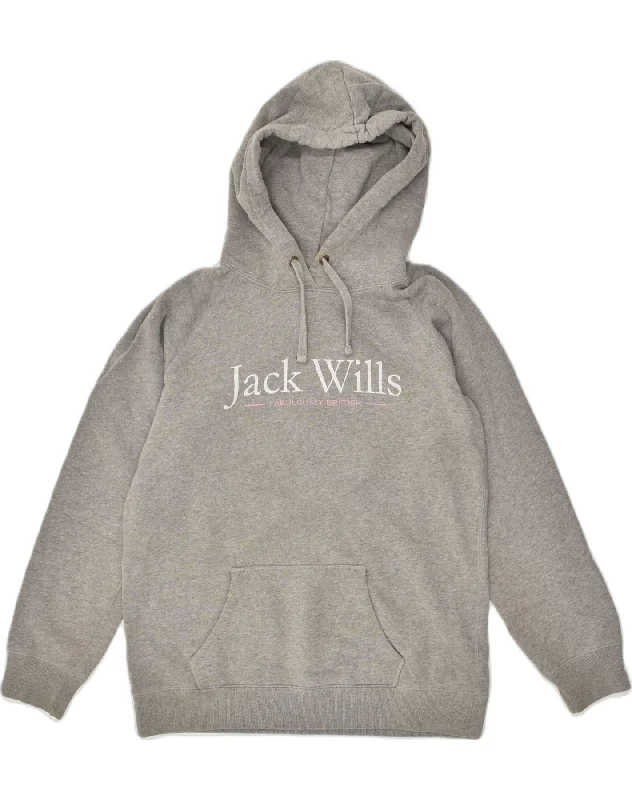 JACK WILLS Womens Graphic Hoodie Jumper UK 12 Medium  Grey Cotton Hoodie with Raw Hem Edgy Unfinished