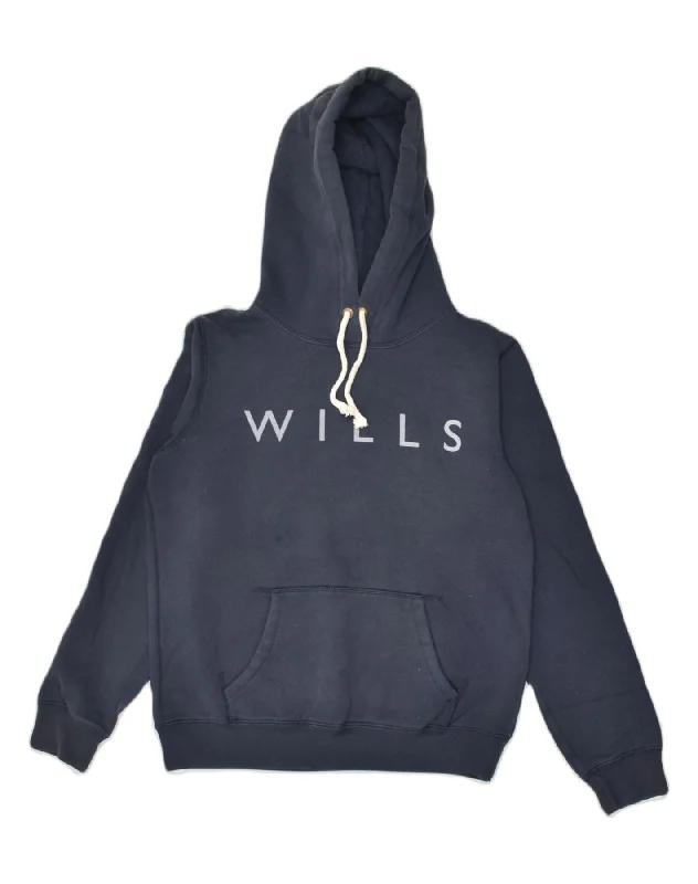 JACK WILLS Womens Graphic Hoodie Jumper UK 12 Medium Navy Blue Cotton Hoodie with Button Placket Classic Preppy