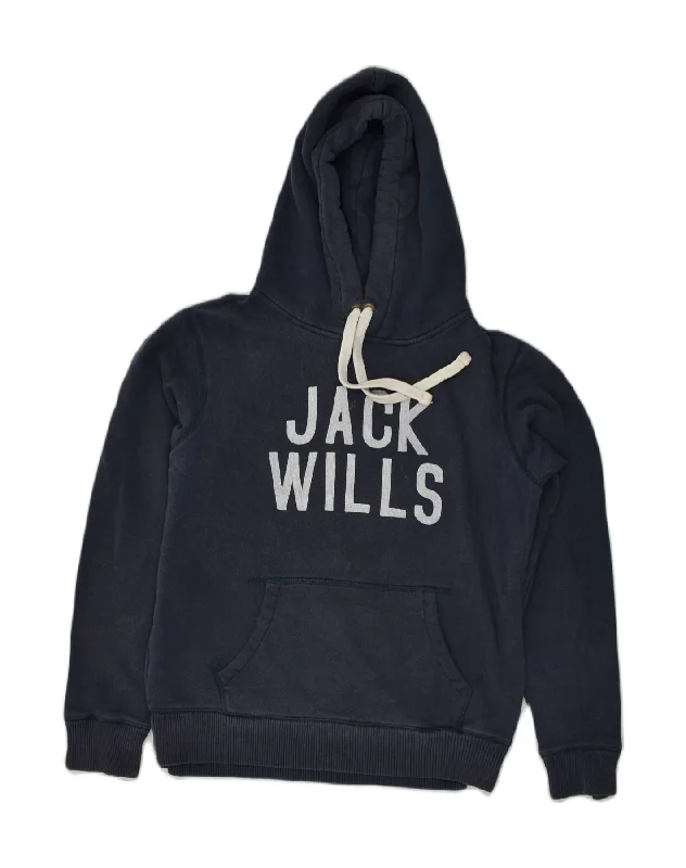 JACK WILLS Womens Graphic Hoodie Jumper UK 12 Medium Navy Blue Cotton Hoodie with Earth Tones Natural Calm