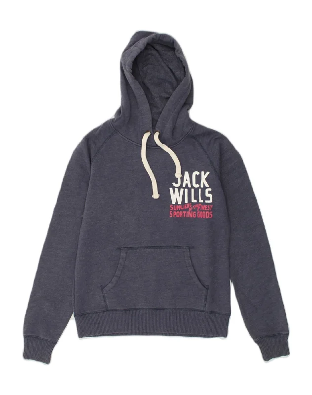 JACK WILLS Womens Graphic Hoodie Jumper UK 12 Medium Navy Blue Cotton Hoodie with Hem Raw Edge Edgy Unfinished