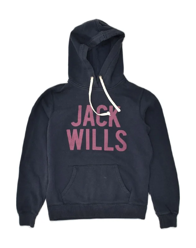 JACK WILLS Womens Graphic Hoodie Jumper UK 12 Medium  Navy Blue Cotton Hoodie with Frayed Bohemian Relaxed