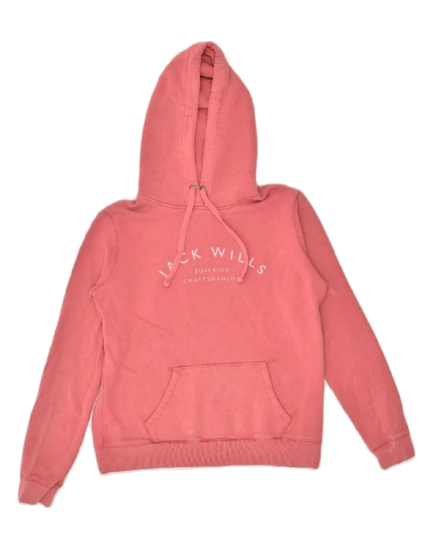 JACK WILLS Womens Graphic Hoodie Jumper UK 12 Medium Pink Cotton Hoodie with Drop Shoulder Relaxed Streetwear