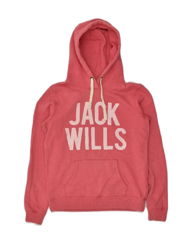 JACK WILLS Womens Graphic Hoodie Jumper UK 12 Medium Pink Cotton Hoodie with Double Zipper Versatile Adjustable