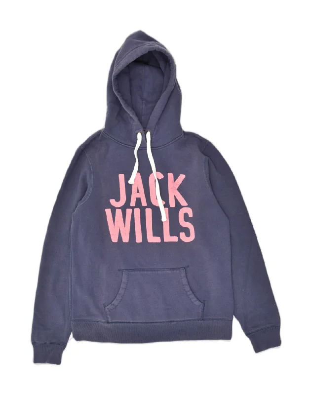 JACK WILLS Womens Graphic Hoodie Jumper UK 14 Large Blue Cotton Hoodie with Hem Elastic Stretchable Comfortable