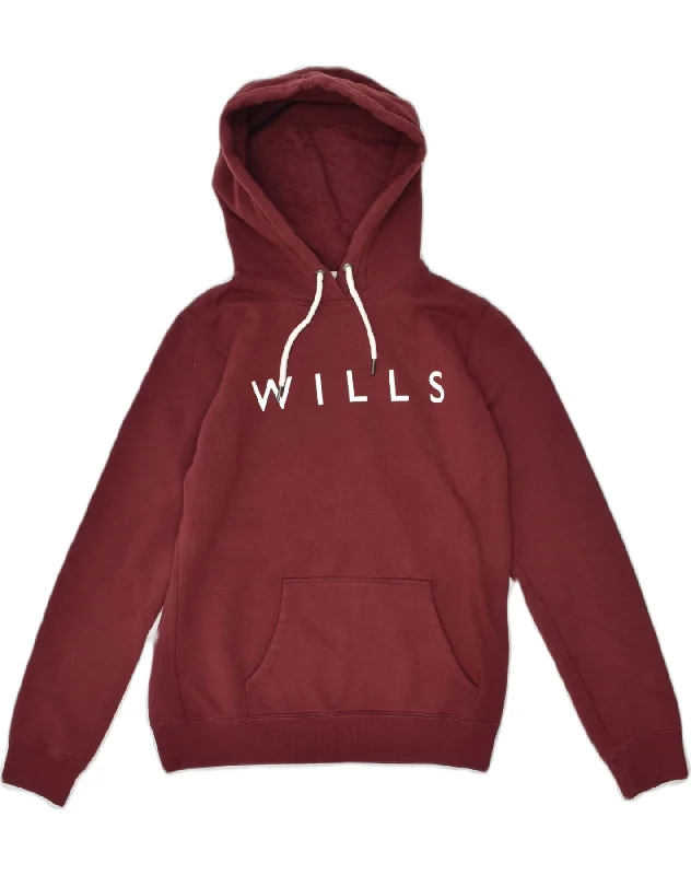 JACK WILLS Womens Graphic Hoodie Jumper UK 14 Large Burgundy Cotton Hoodie with Drawstring Waist Adjustable Fitted