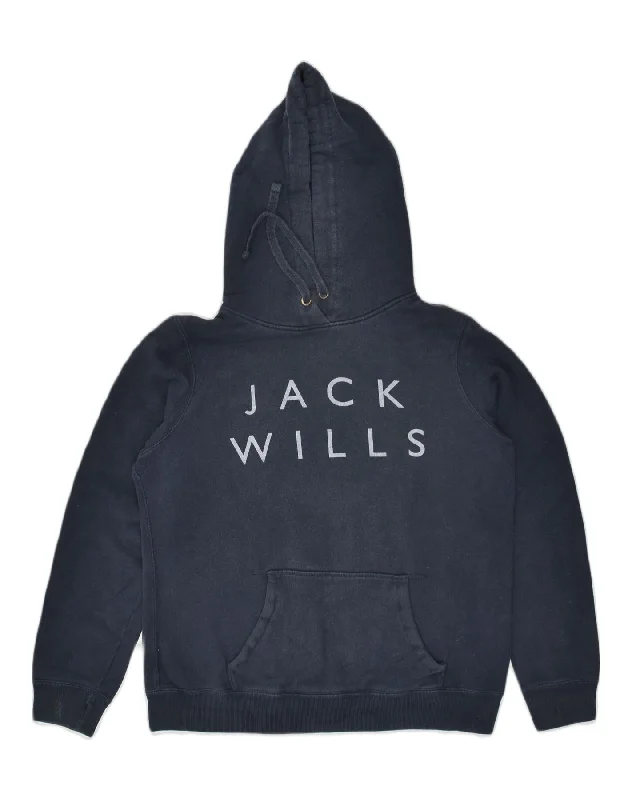 JACK WILLS Womens Graphic Hoodie Jumper UK 14 Large  Navy Blue Cotton Hoodie with Set-In Sleeves Structured Classic