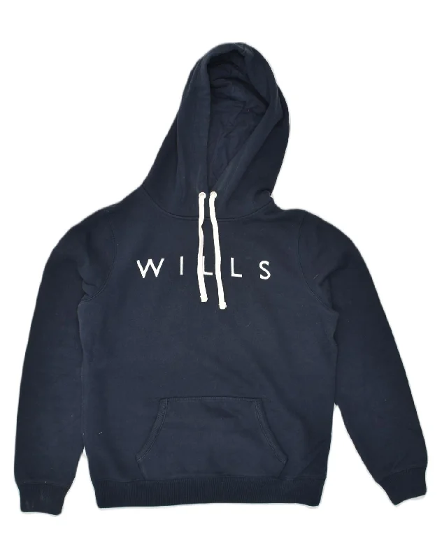 JACK WILLS Womens Graphic Hoodie Jumper UK 14 Large  Navy Blue Cotton Hoodie with Exposed Zipper Edgy Industrial