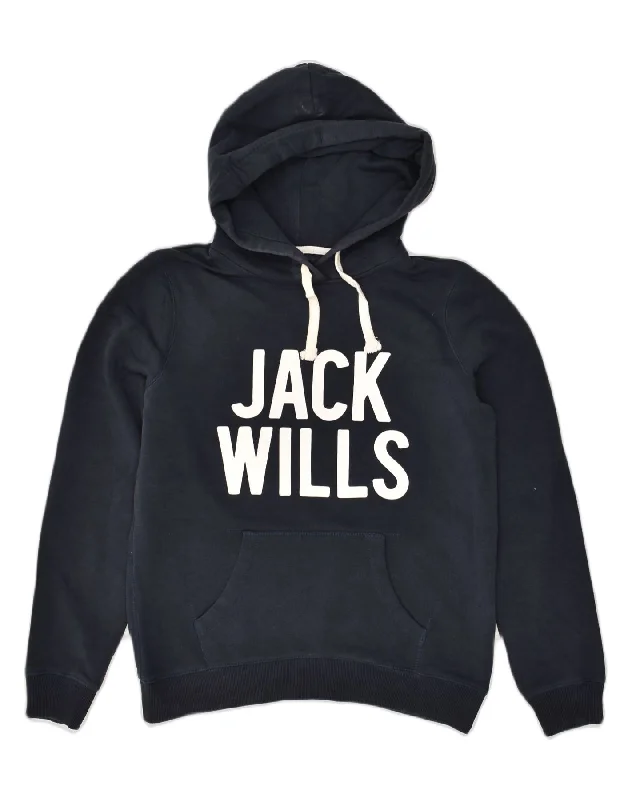 JACK WILLS Womens Graphic Hoodie Jumper UK 14 Large  Navy Blue Cotton Hoodie with Turtle Neck Cozy Winter