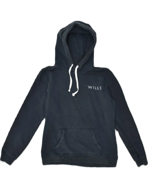 JACK WILLS Womens Graphic Hoodie Jumper UK 14 Large  Navy Blue Cotton Hoodie with Hem Lace Feminine Delicate