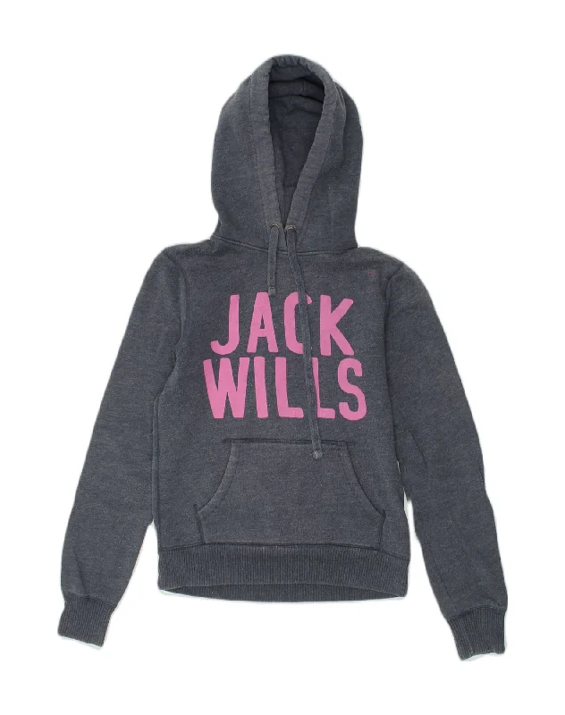 JACK WILLS Womens Graphic Hoodie Jumper UK 8 Small Blue Cotton Cotton Hoodie Fleece Lining Warmth