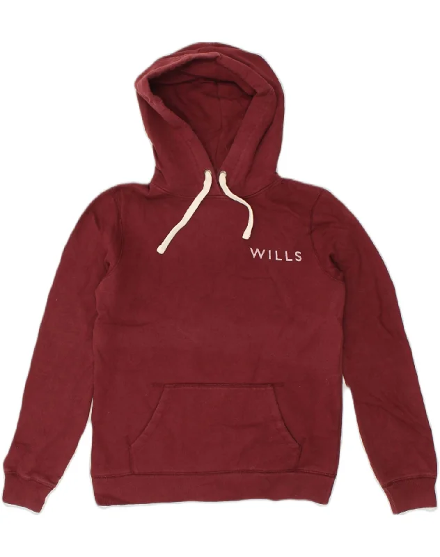 JACK WILLS Womens Graphic Hoodie Jumper UK 8 Small Burgundy Cotton Hoodie with Illustration Artistic Creative