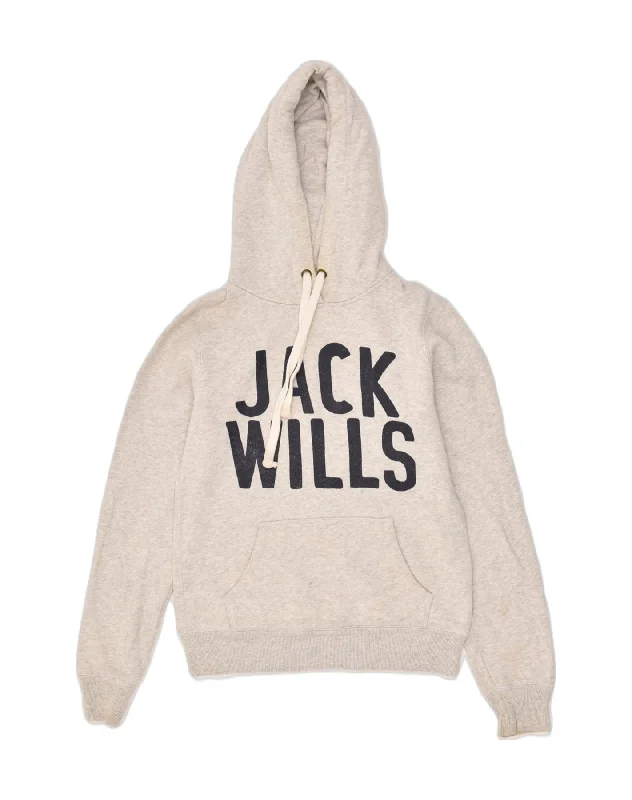 JACK WILLS Womens Graphic Hoodie Jumper UK 8 Small  Grey Cotton Hoodie with Zipper Versatile Modern