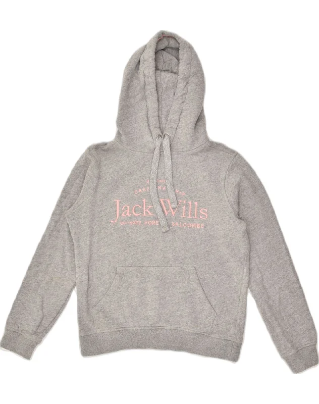 JACK WILLS Womens Graphic Hoodie Jumper UK 8 Small Grey Cotton Hoodie with Turtle Neck Cozy Winter