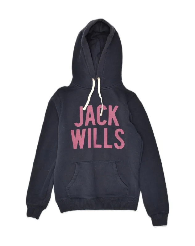 JACK WILLS Womens Graphic Hoodie Jumper UK 8 Small Navy Blue Cotton Hoodie with Earth Tones Natural Calm