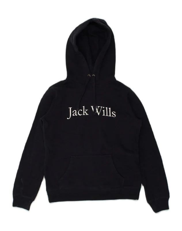 JACK WILLS Womens Graphic Hoodie Jumper UK 8 Small Navy Blue Cotton Hoodie with Lining Warm Insulated