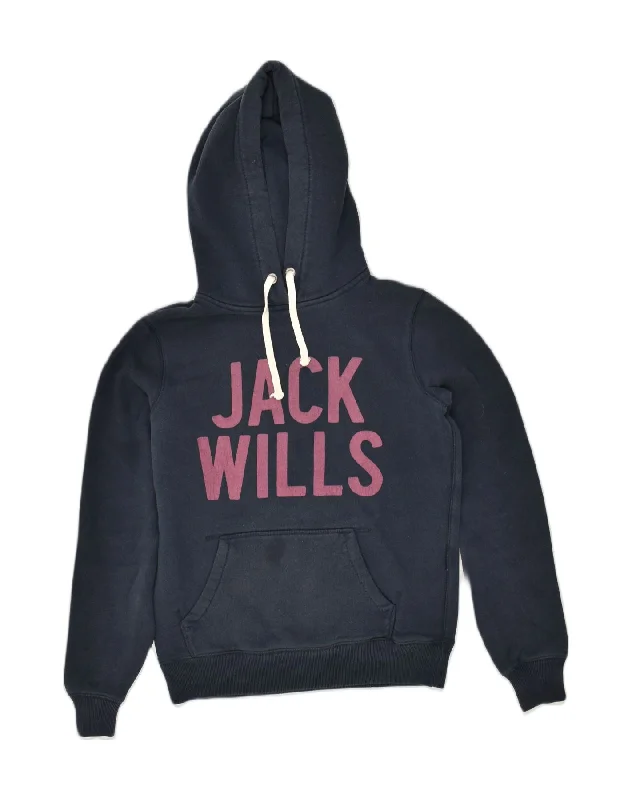 JACK WILLS Womens Graphic Hoodie Jumper UK 8 Small Navy Blue Cotton Hoodie with Mesh Breathable Sporty