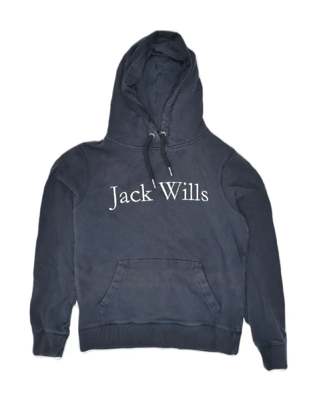 JACK WILLS Womens Graphic Hoodie Jumper UK 8 Small Navy Blue Cotton Hoodie with Hem Raw Edge Edgy Unfinished