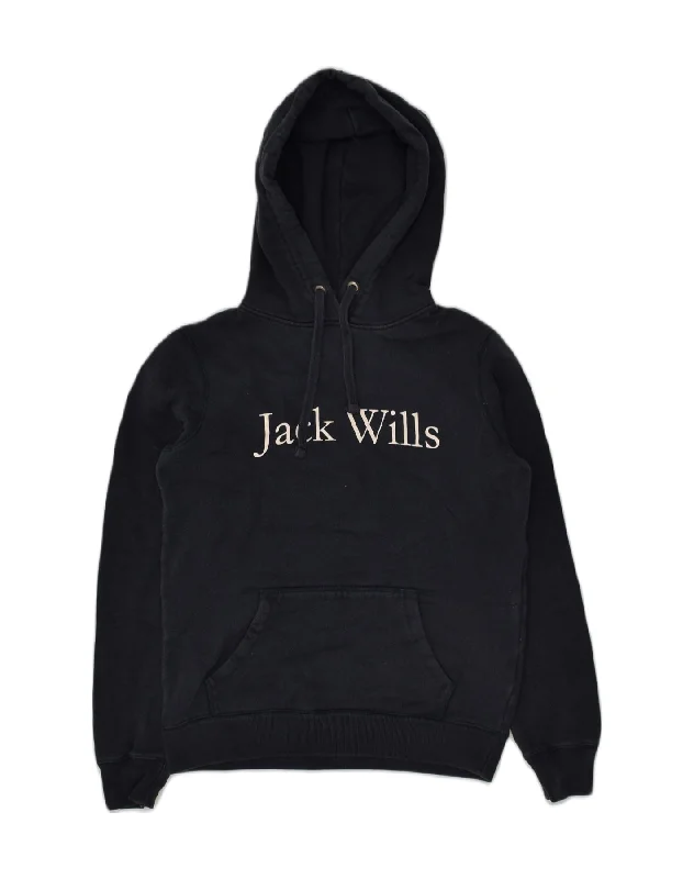 JACK WILLS Womens Graphic Hoodie Jumper UK 8 Small Navy Blue Cotton Hoodie with Half-Zip Sporty Casual