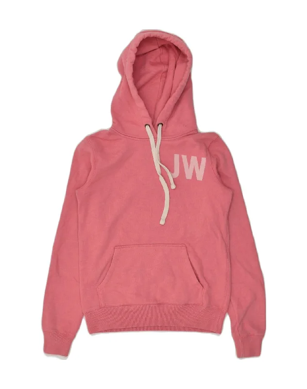 JACK WILLS Womens Graphic Hoodie Jumper UK 8 Small Pink Cotton Hoodie with Mock Neck Collared Structured