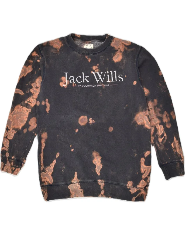 JACK WILLS Womens Graphic Sweatshirt Jumper UK 10 Small Black Tie Dye Hoodie with Cuffed Sleeves Snug Secure