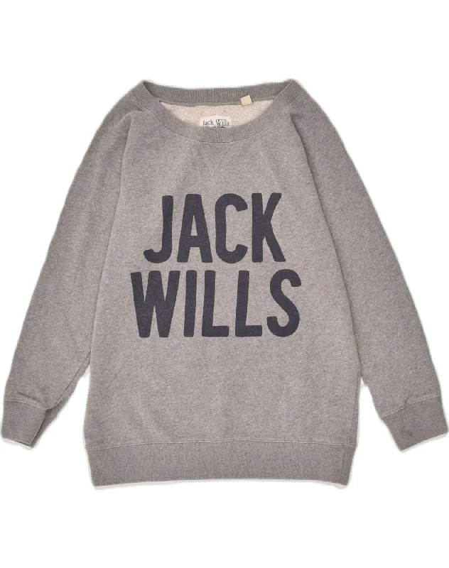 JACK WILLS Womens Graphic Sweatshirt Jumper UK 10 Small  Grey Cotton Hoodie with Lining Warm Insulated