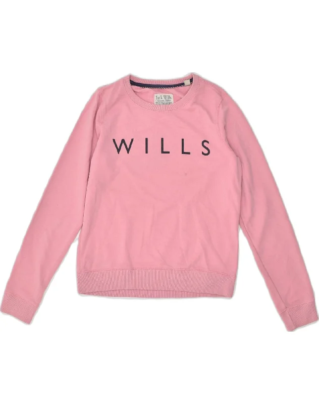 JACK WILLS Womens Graphic Sweatshirt Jumper UK 10 Small Pink Cotton Hoodie with Belted Waist Structured Tailored