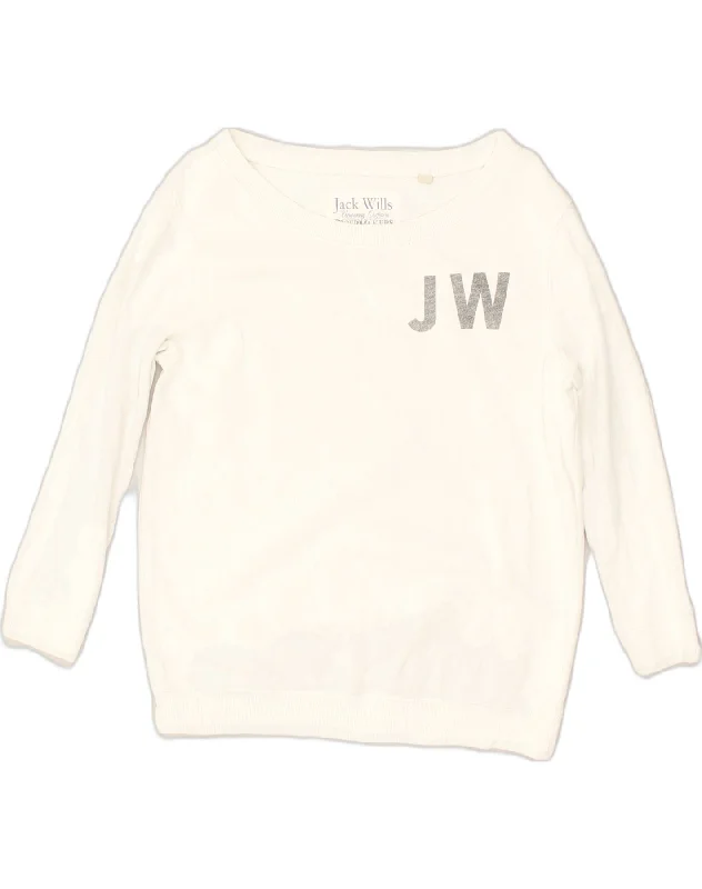 JACK WILLS Womens Graphic Sweatshirt Jumper UK 10 Small White Cotton Hoodie with Longline Fit Extended Stylish